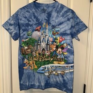 Walt Disney World Disneyland Blue Tie Dye Shirt Small Monorail Pixar Characters